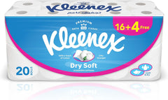 Kleenex Dry Soft Toilet Paper, 2 PLY, 20 Rolls x 200 Sheets, Embossed Bathroom Tissue with a Touch Of Cotton